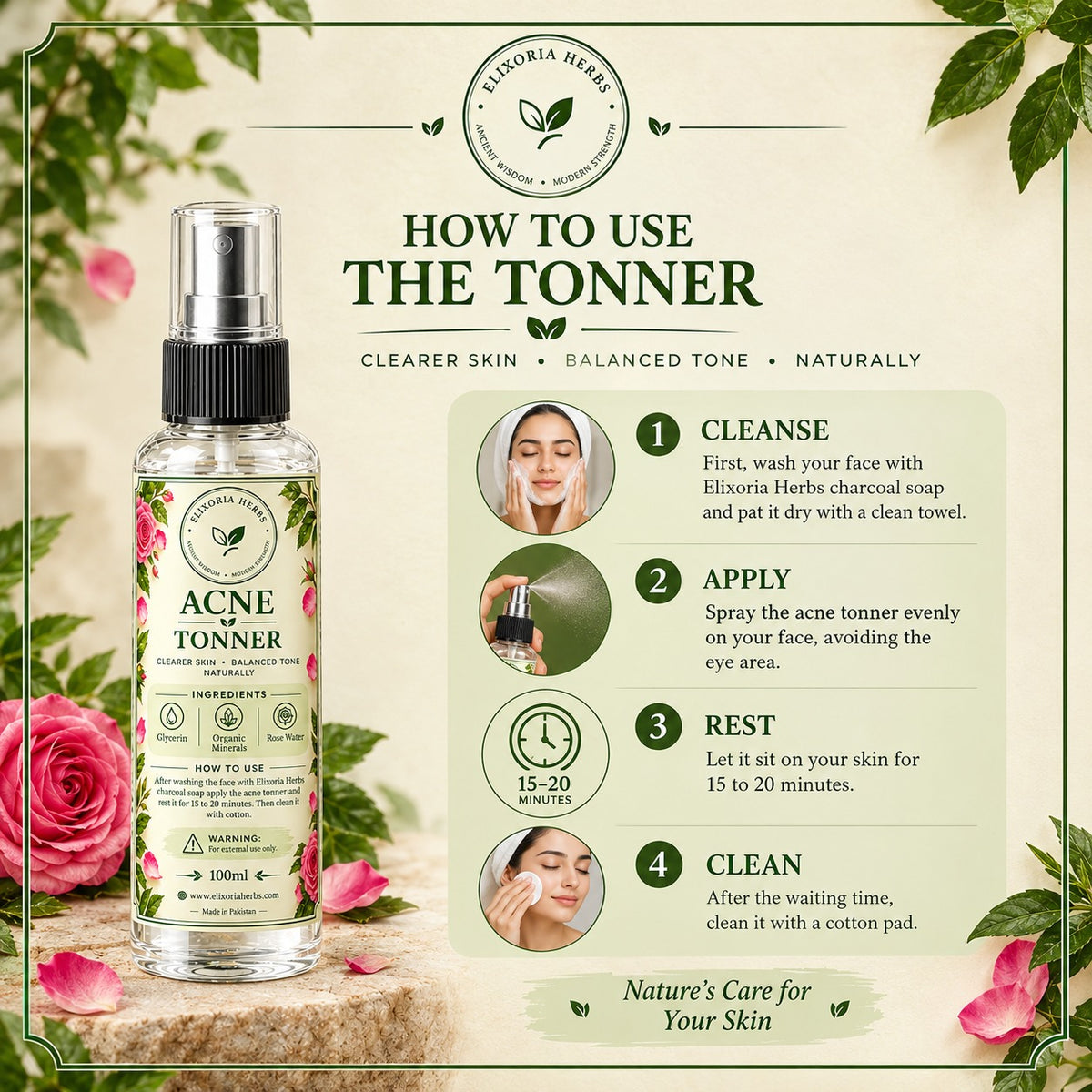 Acne Tonner Elixoria Herbs– Rose Water & Glycerin Facial Toner (100ml)