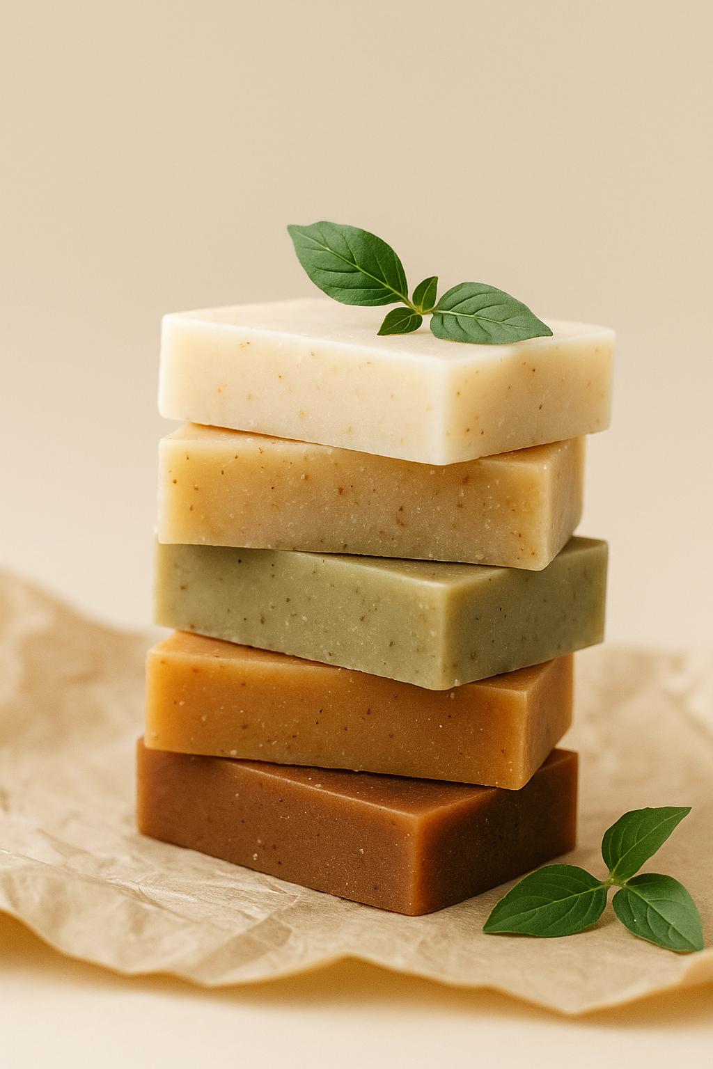 Handmade herbal soap bars in charcoal, turmeric, aloe vera, and lavender varieties by Elixoria Herbs.