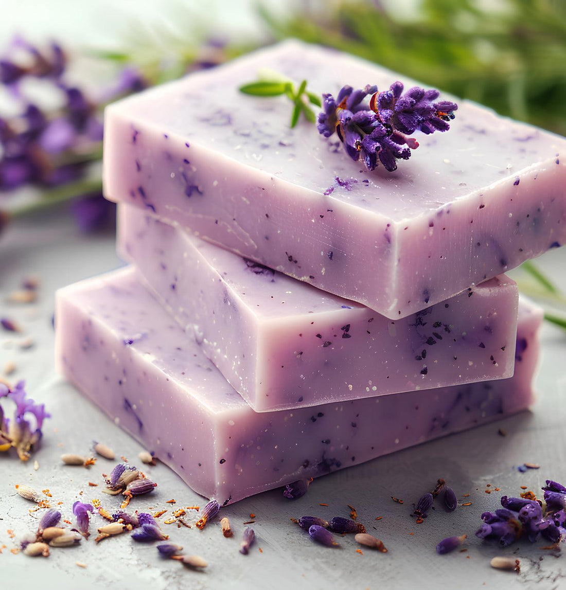 Lavender handmade soap bar styled with lavender sprigs in a botanical skincare setting by Elixoria Herbs.
