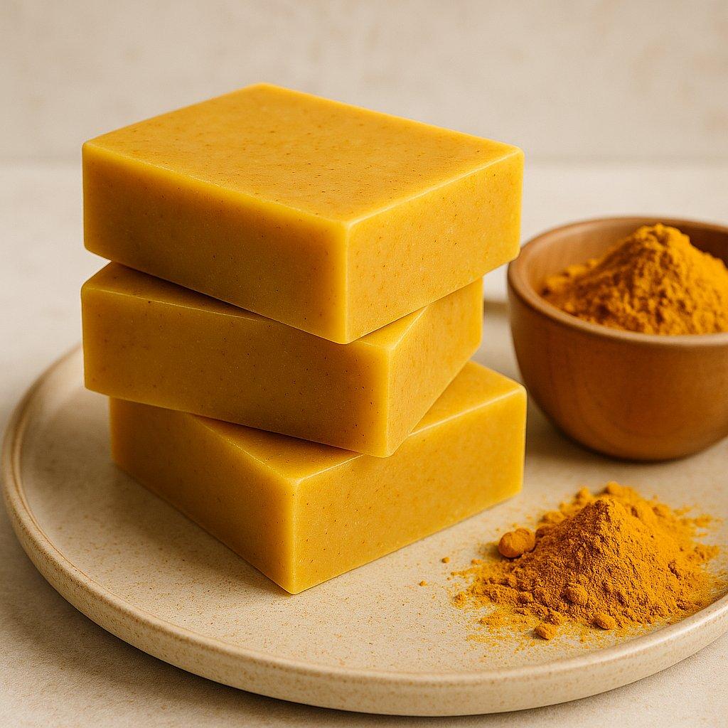 Golden turmeric handmade soap bar styled with turmeric roots and powder by Elixoria Herbs.
