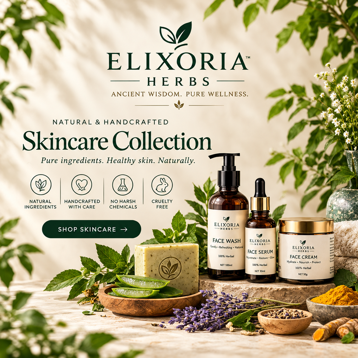 Elixoria Herbs skincare collection featuring handmade herbal soap, face wash, face serum, and face cream with aloe vera, lavender, and turmeric in a premium botanical setting.
