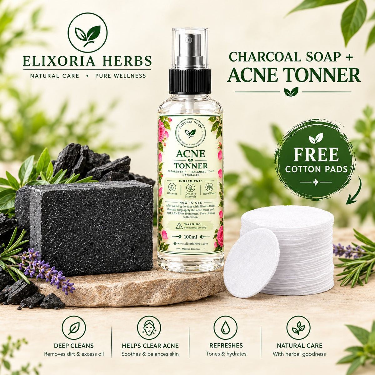 Elixoria Herbs charcoal soap and 100 ml acne toner bundle with free cotton pads