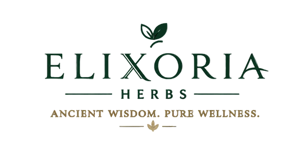 Elixoria Herbs logo on a light cream background, featuring dark green and gold text with a small leaf graphic above the brand name.