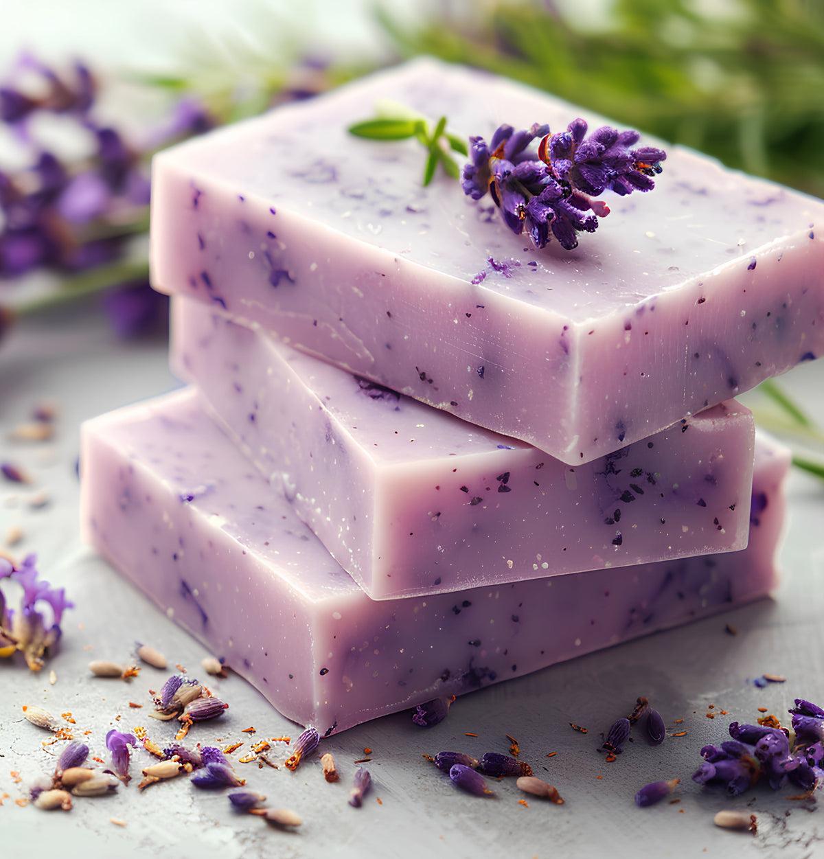 Elixoria Herbs lavender handmade soap in a floral shape, displayed in a premium botanical setting with lavender flowers for a nature-inspired skincare routine.